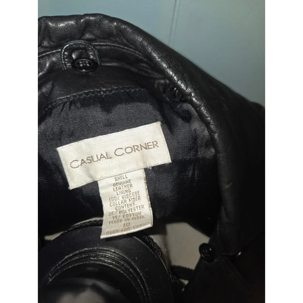 Casual Corner Vintage Black Leather Double Breasted Pea Car Coat Womens Sz 10/M